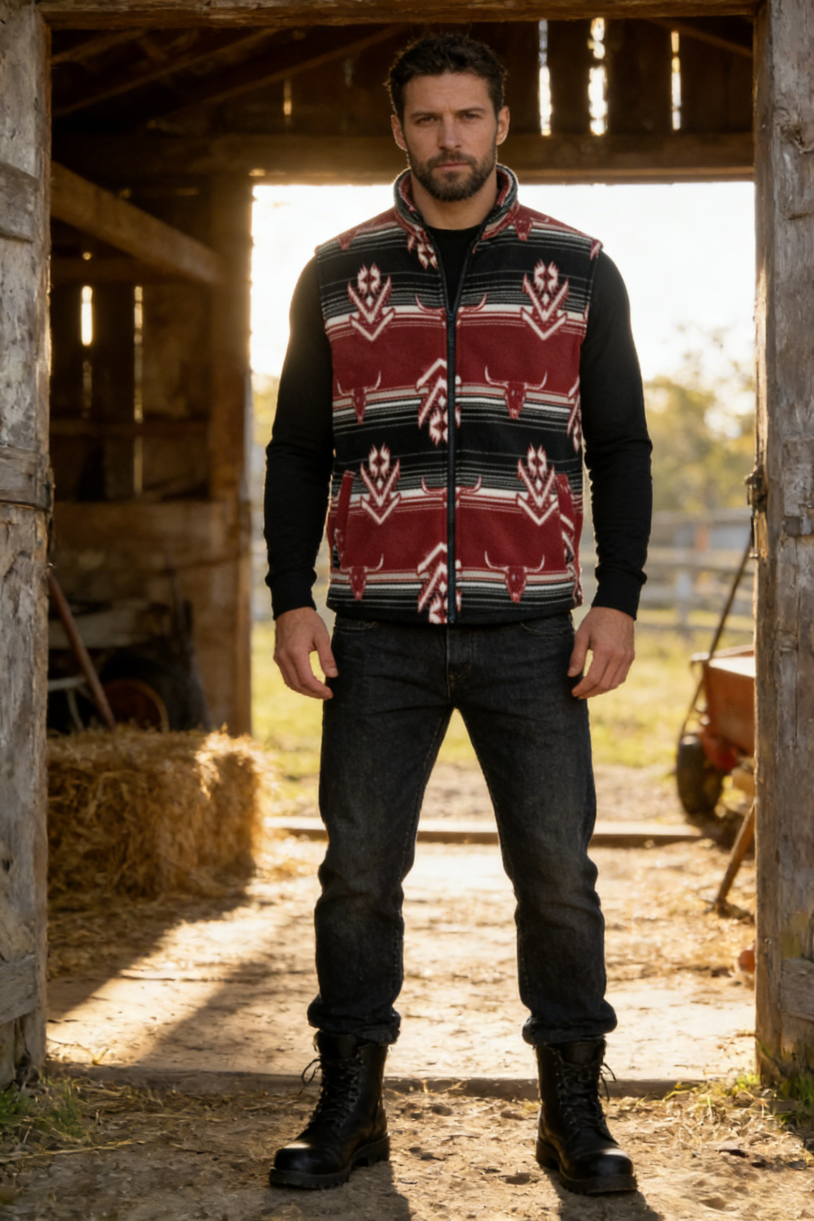 Lushest Fleece Vest|Full Front Zip|Welt Hip Pockets|W-06-002 Black/Red print, Black/Blue print, Dark Choc/Tan print