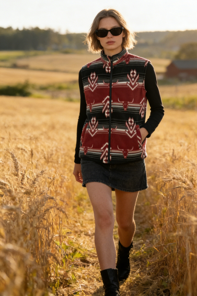 Lushest Fleece Vest|Full Front Zip|Welt Hip Pockets|W-06-002 Black/Red print, Black/Blue print, Dark Choc/Tan print