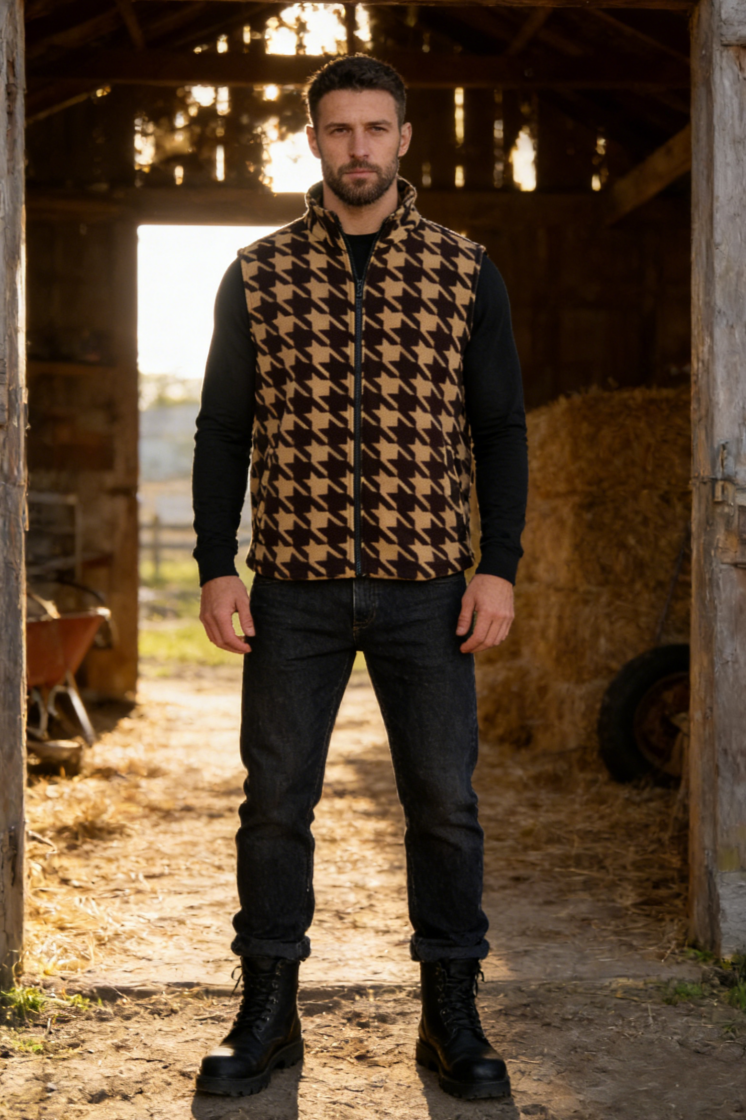 Lushest Fleece Vest|Full Front Zip|Welt Hip Pockets|W-06-002 Black/Red print, Black/Blue print, Dark Choc/Tan print