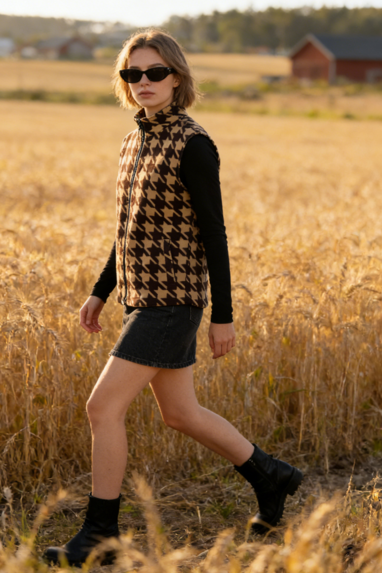 Lushest Fleece Vest|Full Front Zip|Welt Hip Pockets|W-06-002 Black/Red print, Black/Blue print, Dark Choc/Tan print