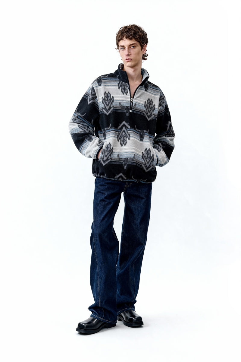 Suéter de cadete de polar con cremallera de un cuarto, cómodo y para todo el día | Ajuste relajado | M-06-003 Negro/Azul