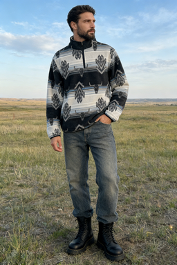 All-day Cozy Quarter-Zip Fleece Cadet Pullove|Relaxed Fit|M-06-003Black/Red print, Black/Blue print