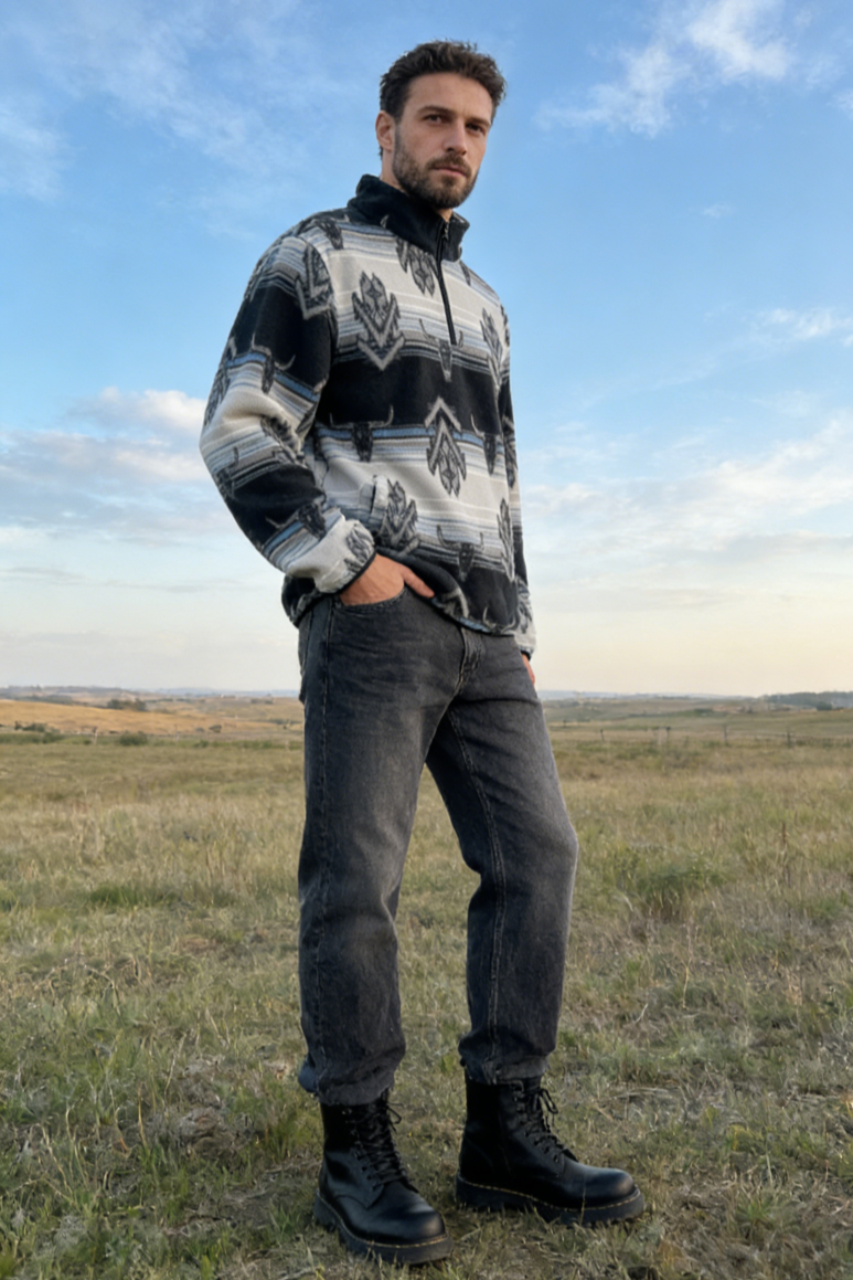 All-day Cozy Quarter-Zip Fleece Cadet Pullove|Relaxed Fit|M-06-003Black/Red print, Black/Blue print
