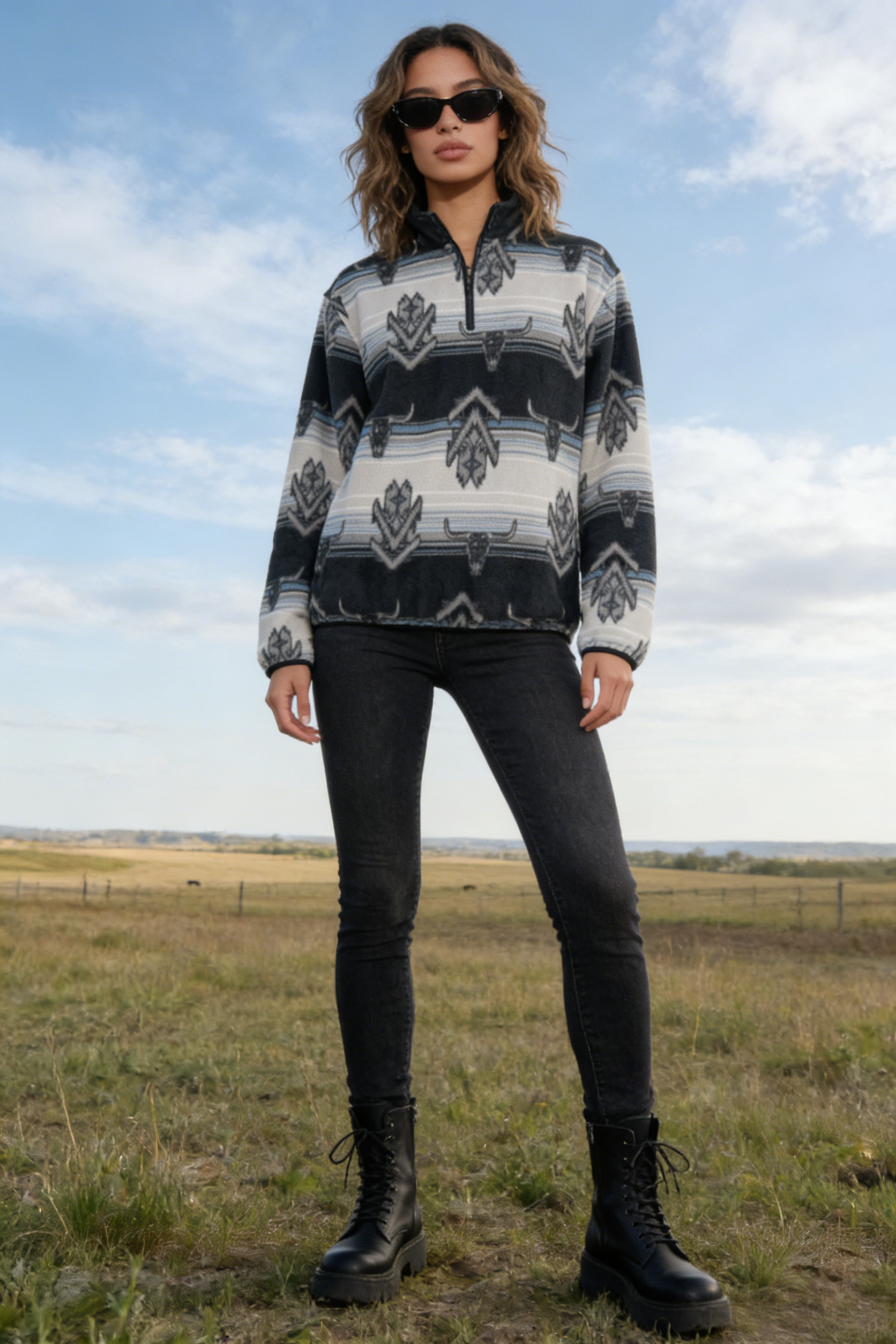 All-day Cozy Quarter-Zip Fleece Cadet Pullove|Relaxed Fit|M-06-003Black/Red print, Black/Blue print