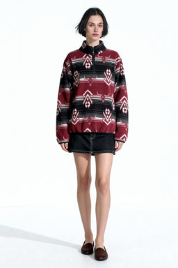 Suéter de cadete de polar con cremallera de un cuarto, cómodo y para todo el día | Ajuste relajado | W-06-003 Negro y rojo