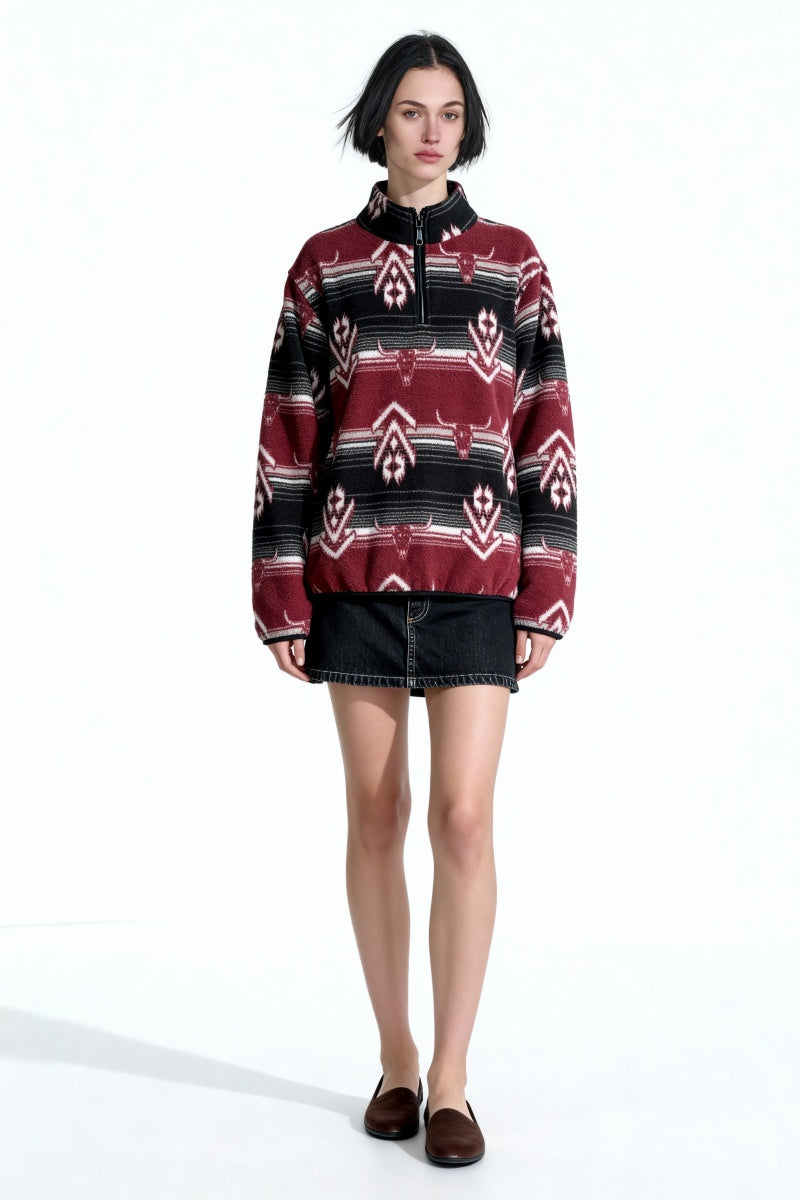 Suéter de cadete de polar con cremallera de un cuarto, cómodo y para todo el día | Ajuste relajado | W-06-003 Negro y rojo