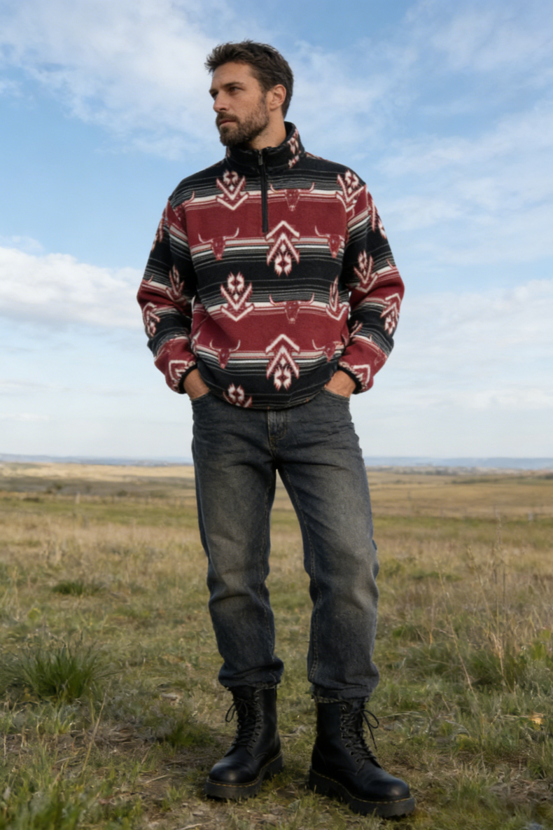 All-day Cozy Quarter-Zip Fleece Cadet Pullove|Relaxed Fit|M-06-003Black/Red print, Black/Blue print