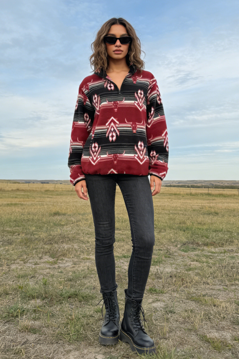 All-day Cozy Quarter-Zip Fleece Cadet Pullove|Relaxed Fit|M-06-003Black/Red print, Black/Blue print