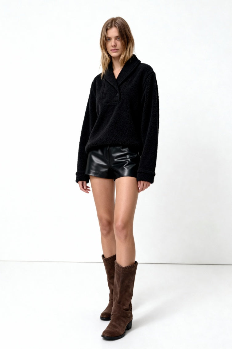 Women's Toasty High-Quality Fleece Pullover With Shawl Collar-W-06-004 Jet Black