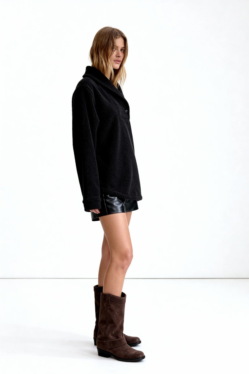 Women's Toasty High-Quality Fleece Pullover With Shawl Collar-W-06-004 Jet Black