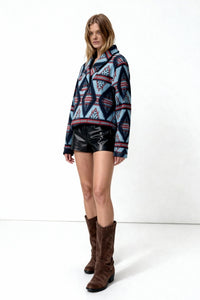 Women's Tasty High-Quality Fleece Pullover With Shawl Collar W-06-005-454 Sky Blue  Aztec