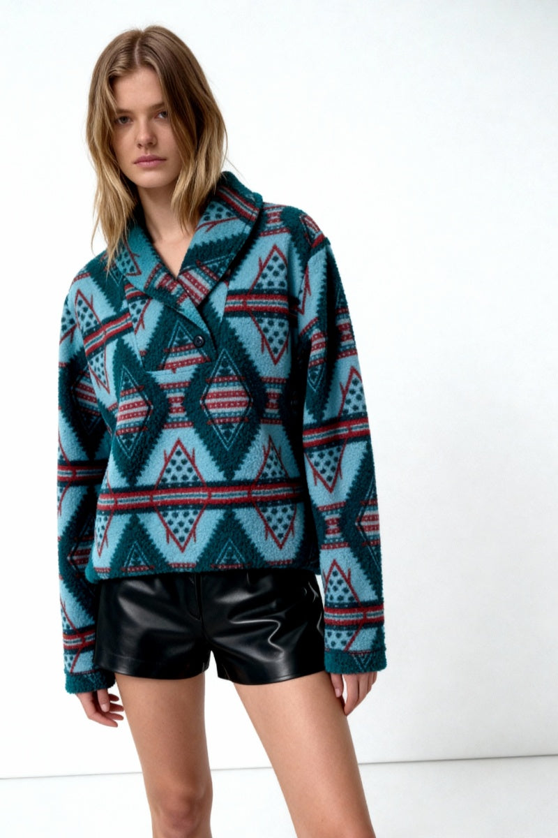 Women's Tasty High-Quality Fleece Pullover With Shawl Collar W-06-005-454 Sky Blue  Aztec