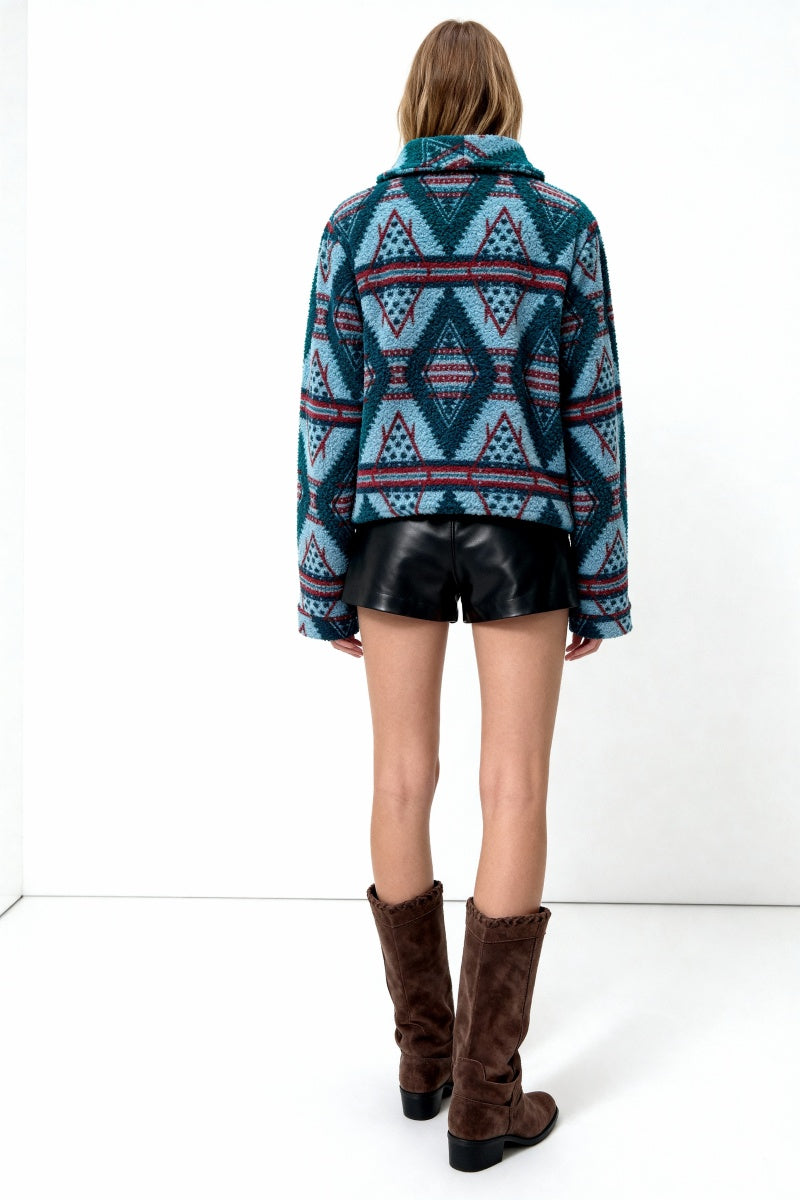 Women's Tasty High-Quality Fleece Pullover With Shawl Collar W-06-005-454 Sky Blue  Aztec