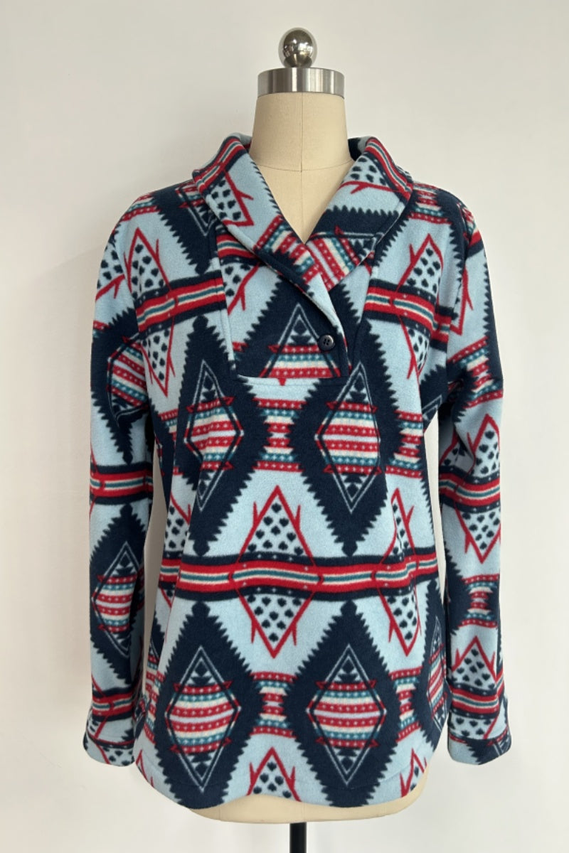 Women's Tasty High-Quality Fleece Pullover With Shawl Collar W-06-005-454 Sky Blue  Aztec
