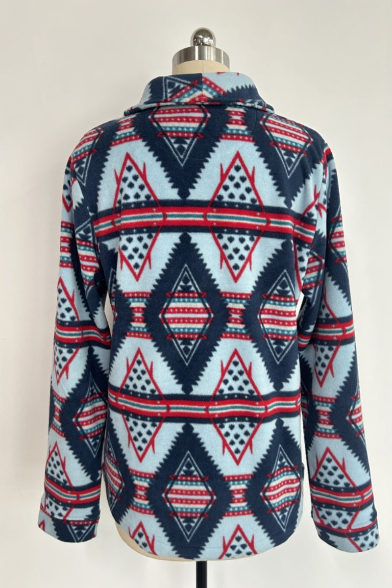 Women's Tasty High-Quality Fleece Pullover With Shawl Collar W-06-005-454 Sky Blue  Aztec