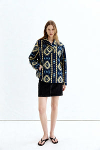 Women's Tasty High-Quality Fleece Pullover With Shawl Collar W-06-004-480 Navy Aztec