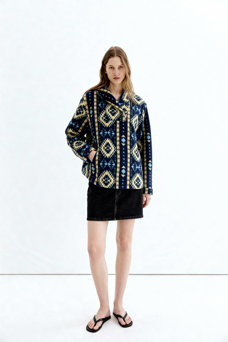 Women's Tasty High-Quality Fleece Pullover With Shawl Collar W-06-004-480 Navy Aztec