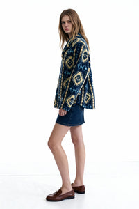 Women's Tasty High-Quality Fleece Pullover With Shawl Collar W-06-004-480 Navy Aztec