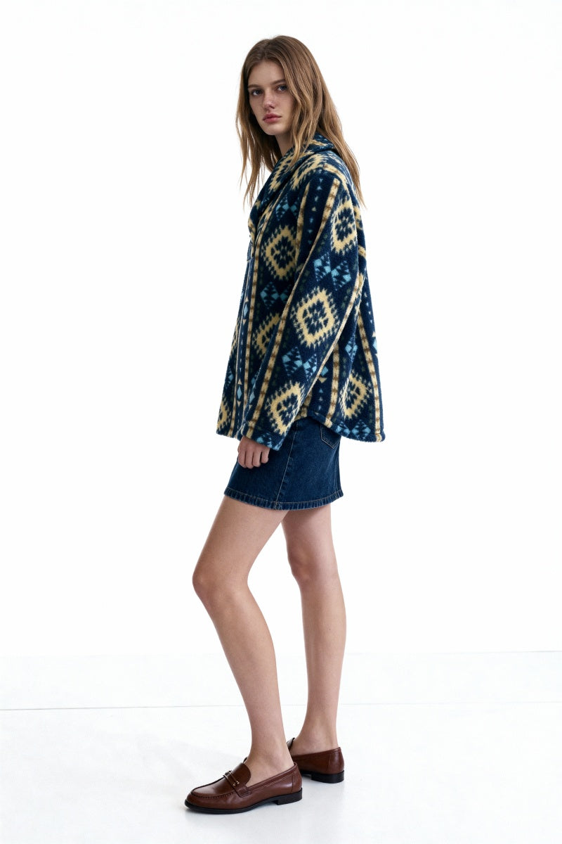 Women's Tasty High-Quality Fleece Pullover With Shawl Collar W-06-004-480 Navy Aztec