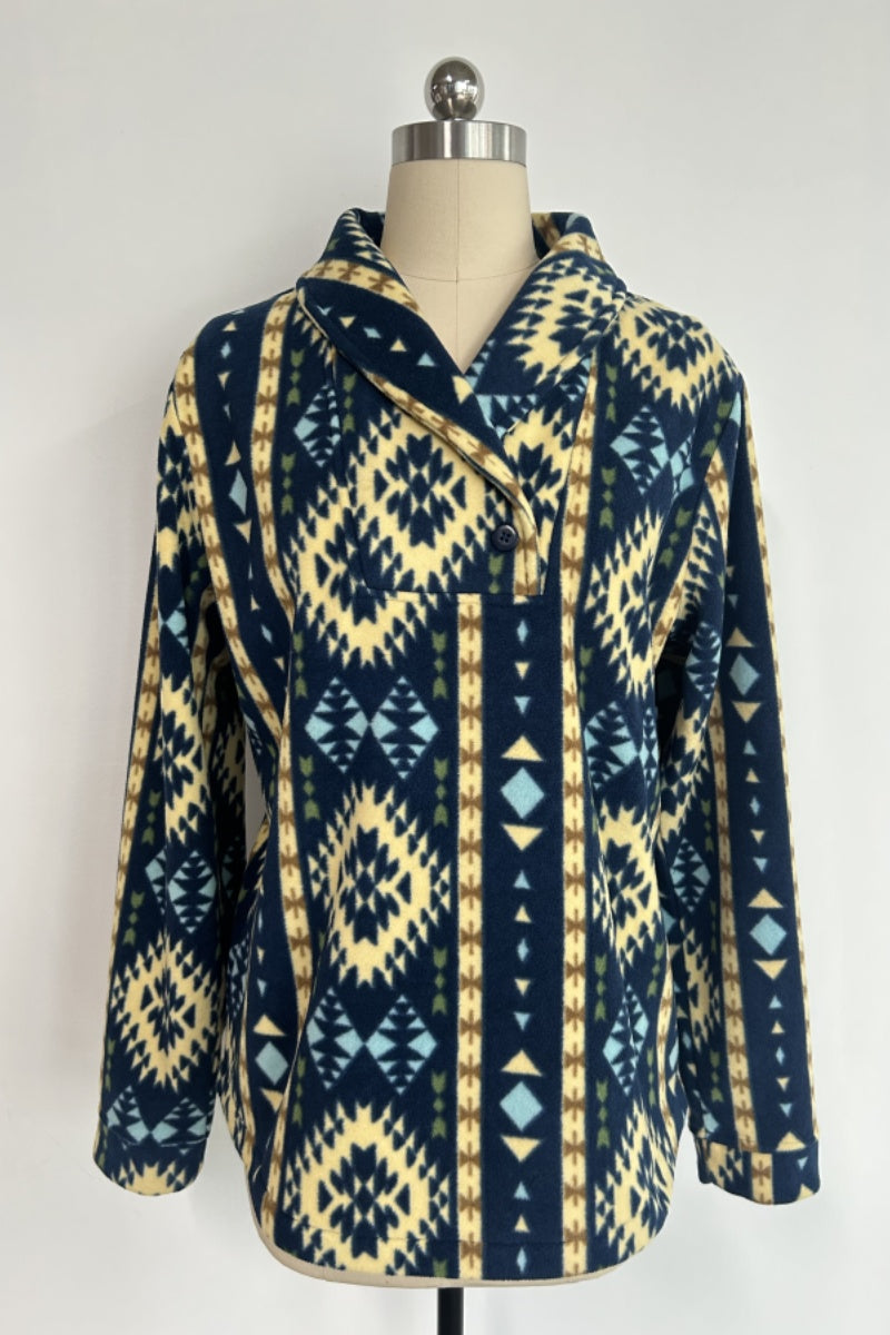 Women's Tasty High-Quality Fleece Pullover With Shawl Collar W-06-004-480 Navy Aztec