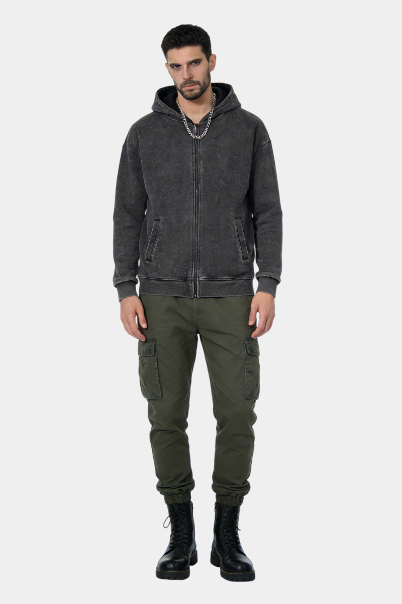 Unisex Vintage Look Garment Washed Full Zip Sweatshirt｜Hip Welted Pockets M-07-022-011 Washed Black