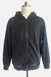 Unisex Vintage Look Garment Washed Full Zip Sweatshirt｜Hip Welted Pockets M-07-022-011 Washed Black