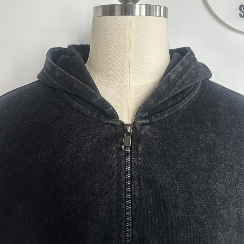 Unisex Vintage Look Garment Washed Full Zip Sweatshirt｜Hip Welted Pockets M-07-022-011 Washed Black