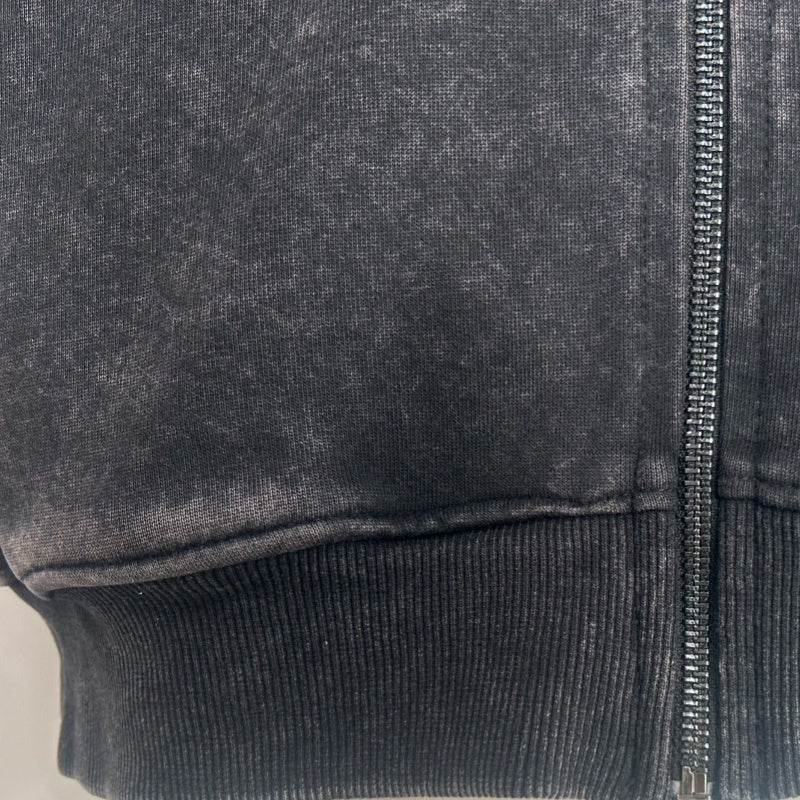 Unisex Vintage Look Garment Washed Full Zip Sweatshirt｜Hip Welted Pockets M-07-022-011 Washed Black