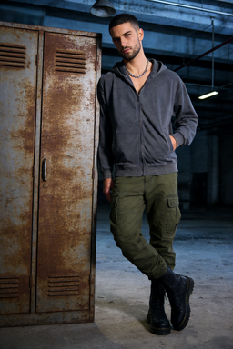 Unisex Vintage Look Garment Washed Full Zip Sweatshirt with Welt Hip Pockets-M-07-022-Graphite