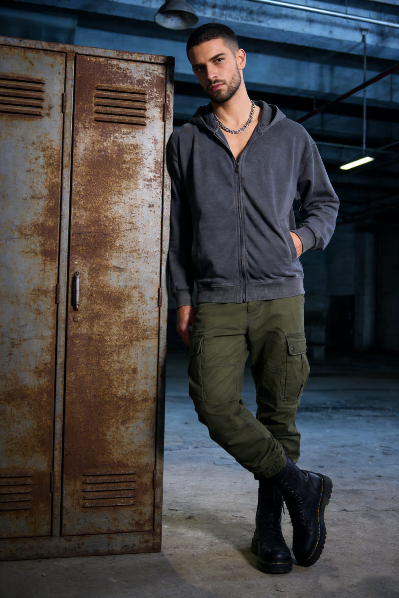 Unisex Vintage Look Garment Washed Full Zip Sweatshirt with Welt Hip Pockets-M-07-022-Graphite