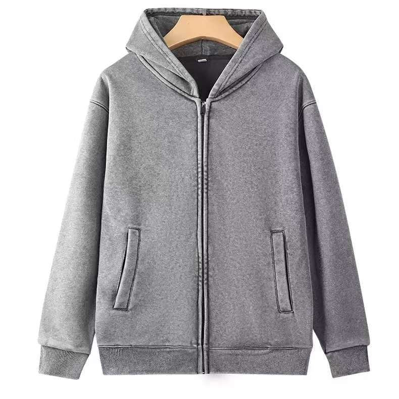 Sudadera unisex con cremallera completa, lavado a máquina, estilo vintage y bolsillos de ribete en la cadera - M-07-022 - Grafito