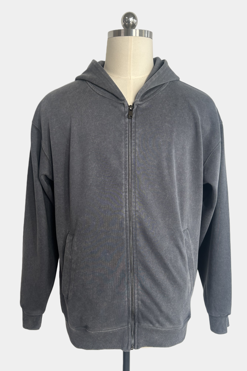 Sudadera unisex con cremallera completa, lavado a máquina, estilo vintage y bolsillos de ribete en la cadera - M-07-022 - Grafito