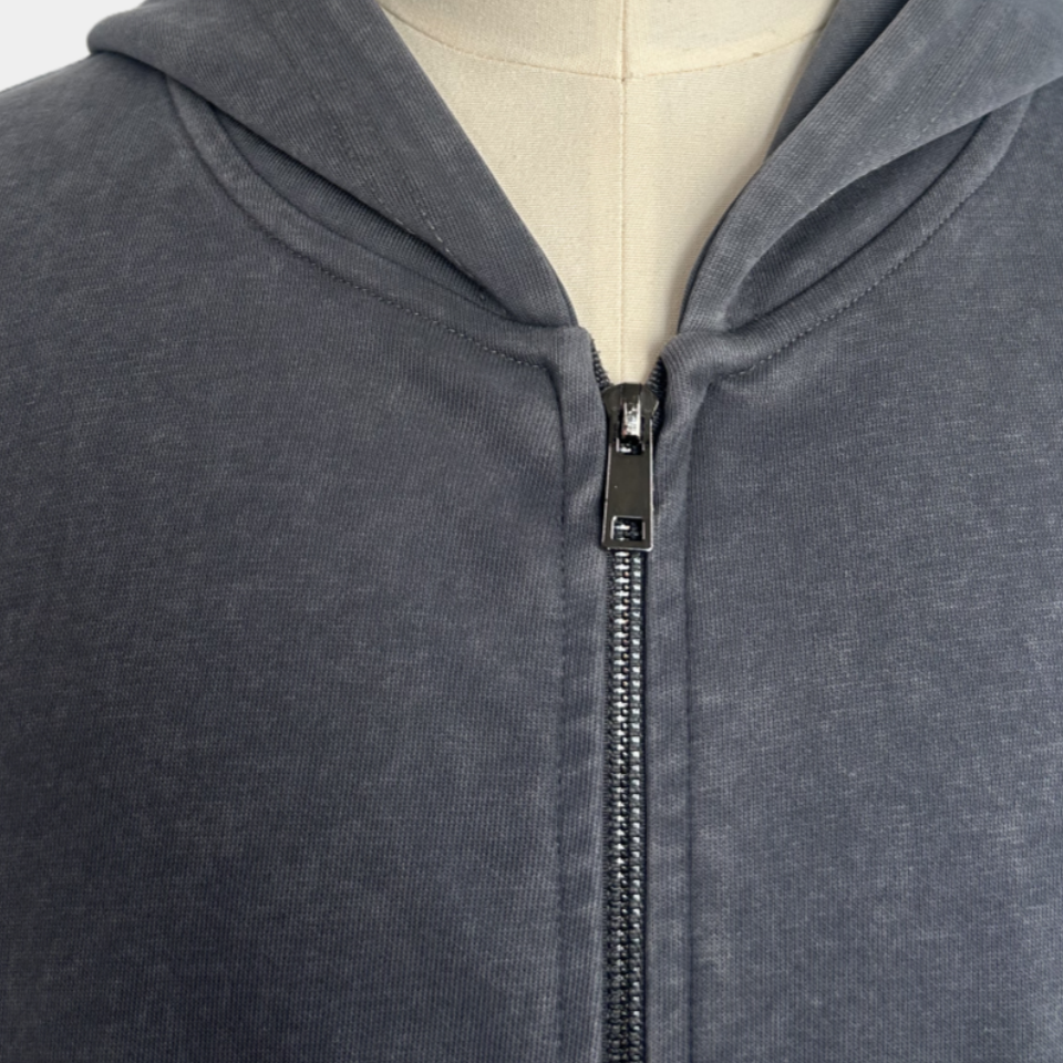 Sudadera unisex con cremallera completa, lavado a máquina, estilo vintage y bolsillos de ribete en la cadera - M-07-022 - Grafito