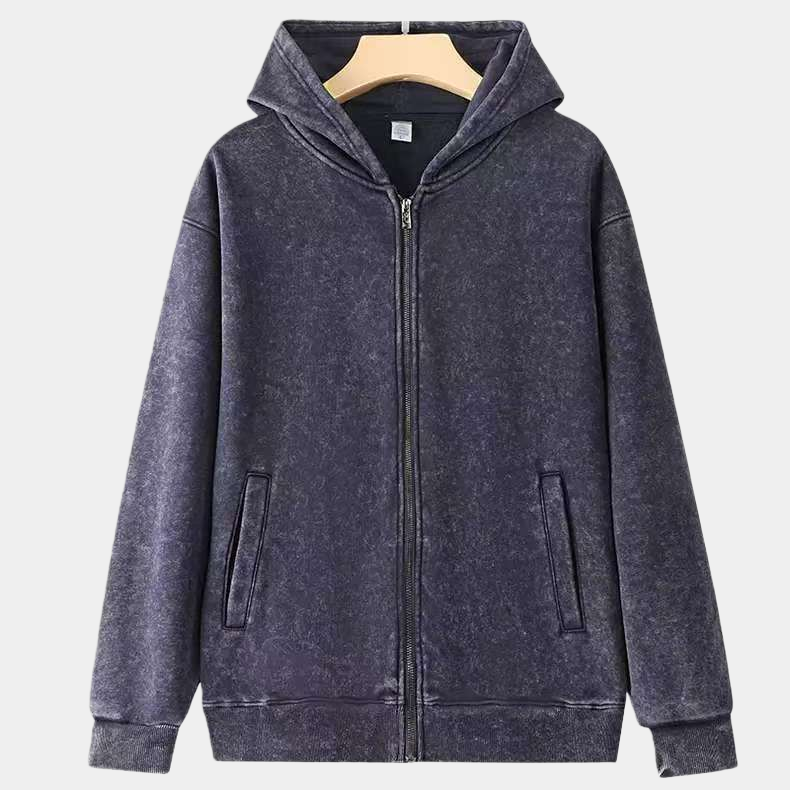 Unisex Vintage Look Garment Washed Full Zip Sweatshirt｜Hip Welted Pockets M-07-022-480 Navy