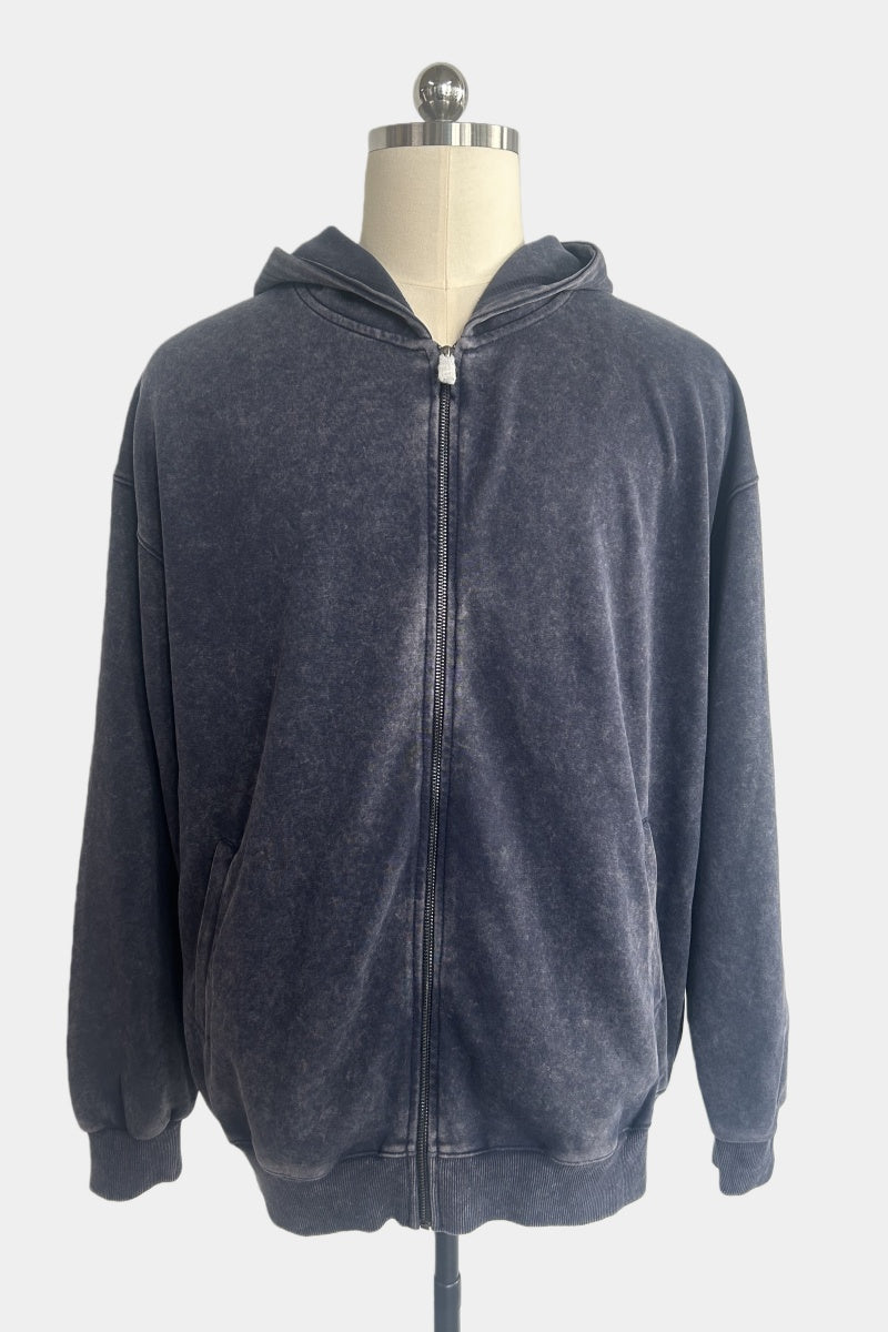 Unisex Vintage Look Garment Washed Full Zip Sweatshirt｜Hip Welted Pockets M-07-022-480 Navy