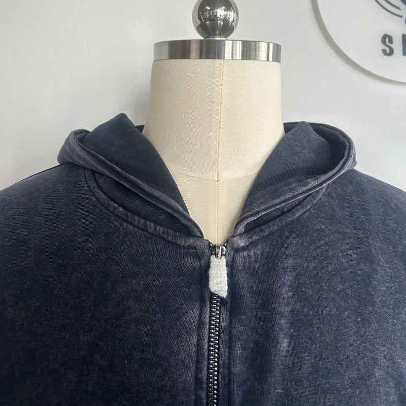 Unisex Vintage Look Garment Washed Full Zip Sweatshirt｜Hip Welted Pockets M-07-022-480 Navy