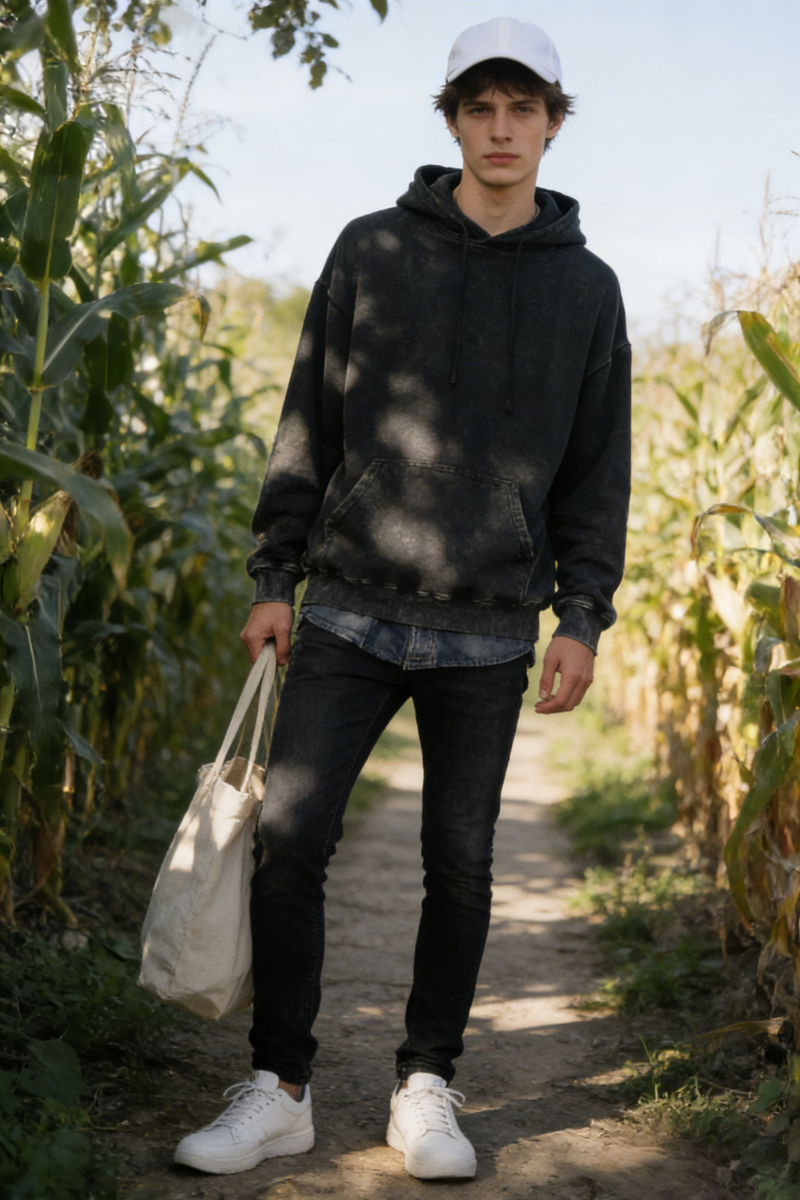 Unisex Vintage Garment-washed Hoodie|Relaxed Fit|Kangaroo Pouch Pocket U-07-023 Washed Black,Graphite, Chocolate