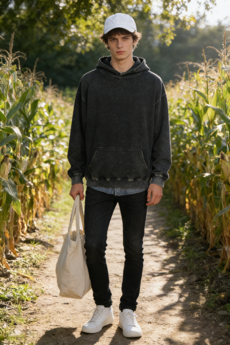 Unisex Vintage Garment-washed Hoodie|Relaxed Fit|Kangaroo Pouch Pocket U-07-023 Washed Black,Graphite, Chocolate