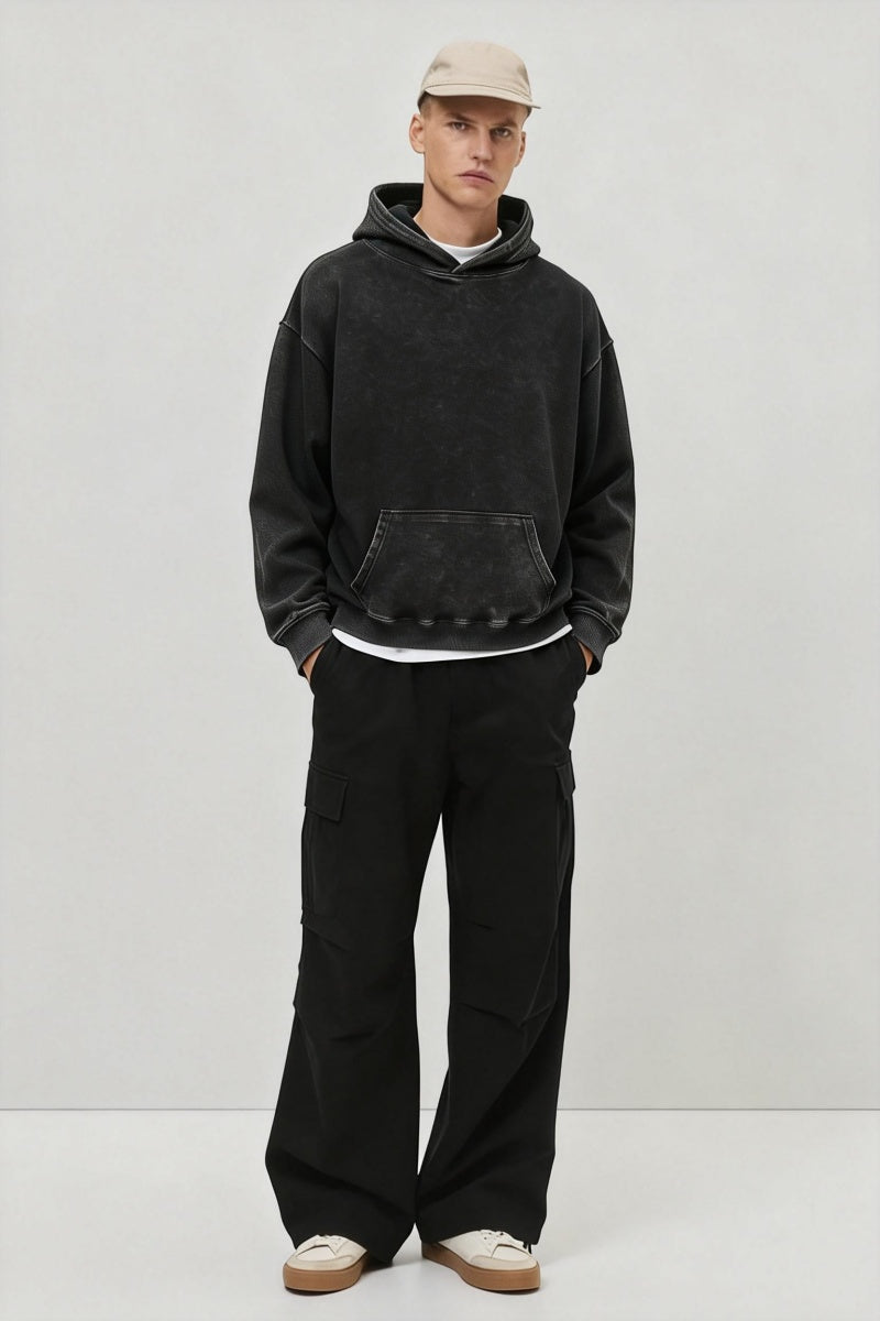 Sudadera unisex vintage con capucha lavada | Corte holgado | Bolsillo canguro M-07-023 Negro lavado