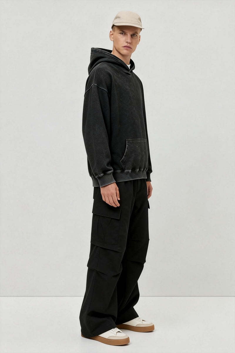 Unisex Vintage Garment-washed Hoodie|Relaxed Fit|Kangaroo Pouch Pocket M-07-023 Washed Black