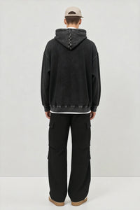 Unisex Vintage Garment-washed Hoodie|Relaxed Fit|Kangaroo Pouch Pocket M-07-023 Washed Black