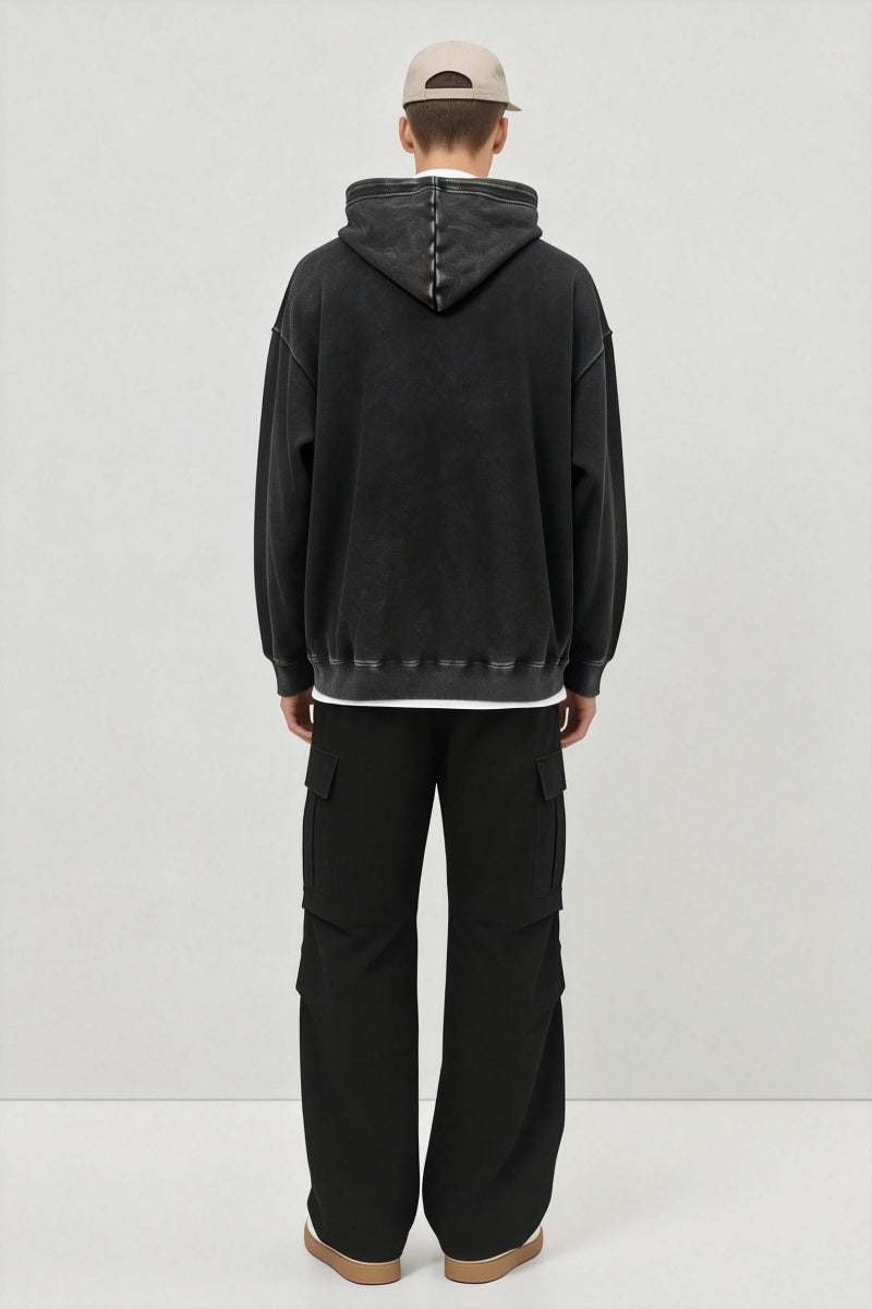Unisex Vintage Garment-washed Hoodie|Relaxed Fit|Kangaroo Pouch Pocket M-07-023 Washed Black
