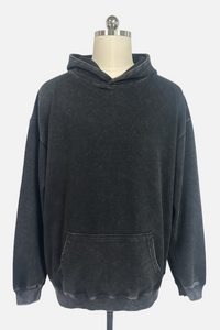 Unisex Vintage Garment-washed Hoodie|Relaxed Fit|Kangaroo Pouch Pocket W-07-023 Washed Black
