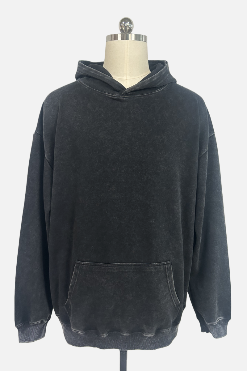 Unisex Vintage Garment-washed Hoodie|Relaxed Fit|Kangaroo Pouch Pocket W-07-023 Washed Black