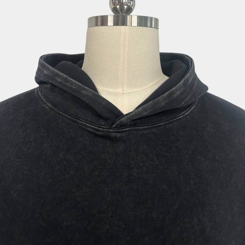 Unisex Vintage Garment-washed Hoodie|Relaxed Fit|Kangaroo Pouch Pocket W-07-023 Washed Black