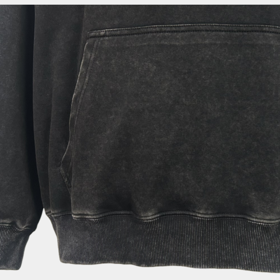 Unisex Vintage Garment-washed Hoodie|Relaxed Fit|Kangaroo Pouch Pocket W-07-023 Washed Black