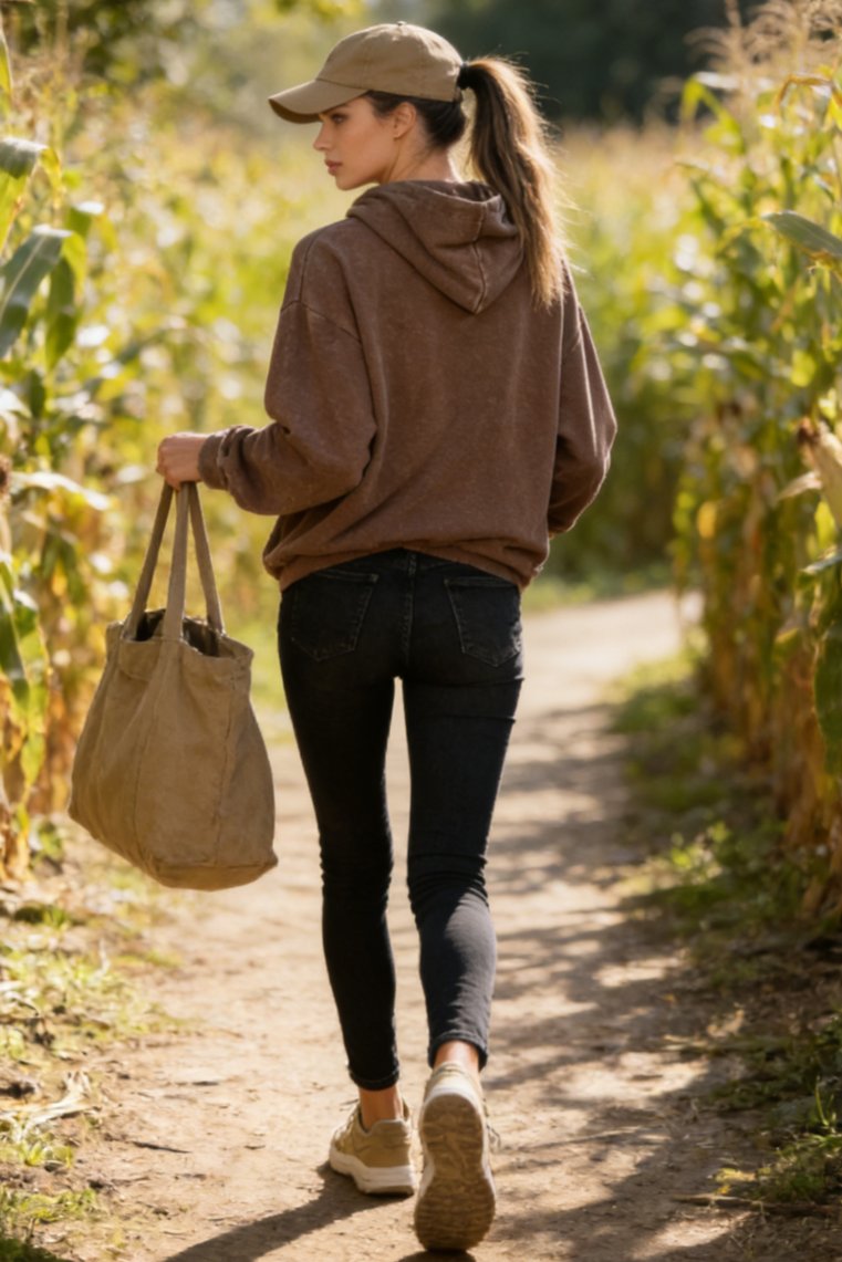 Unisex Vintage Garment-washed Hoodie|Relaxed Fit|Kangaroo Pouch Pocket U-07-023 Washed Black,Graphite, Chocolate