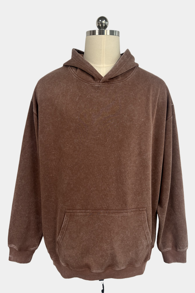 Unisex Vintage Garment-washed Hoodie|Relaxed Fit|Kangaroo Pouch Pocket M-07-023 Choc