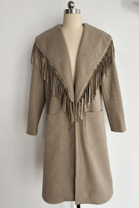 Abrigo de lana largo con flecos de inspiración western para mujer - W-02-003 Tan