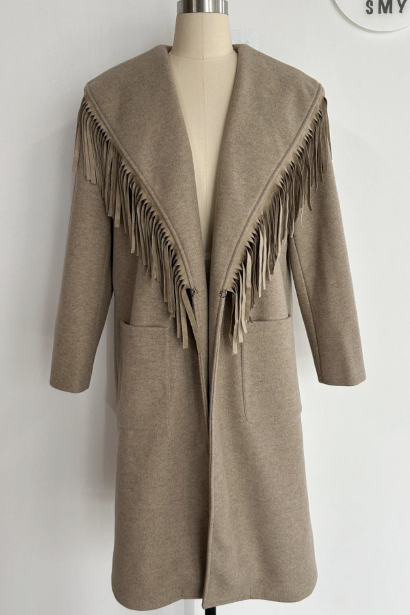 Abrigo de lana largo con flecos de inspiración western para mujer - W-02-003 Tan